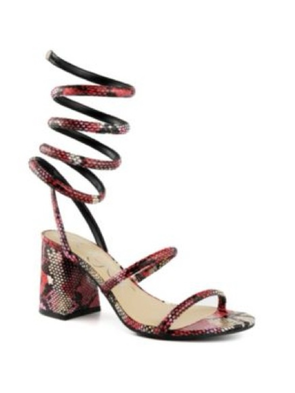 Sugar Red Snake-Print Spiraled Ankle Wrap Block Heel Sandal-New